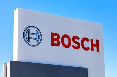 SAMARA, RUSSIA - MAY 29, 2016: Emblem Bosch against the blue sky. Robert Bosch LLC is a multinational engineering and electronics company