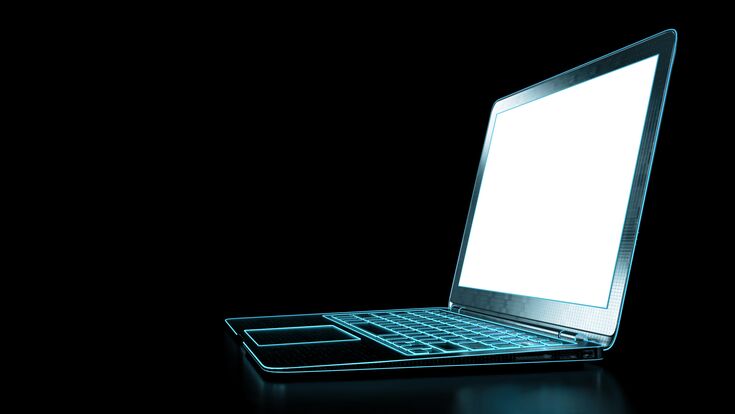 © ilya_levchenko - stock.adobe.com Black laptop with blue neon light on dark background. Notebook with empty blank screen. Computer technology and internet web communication concept. 3d Illustration