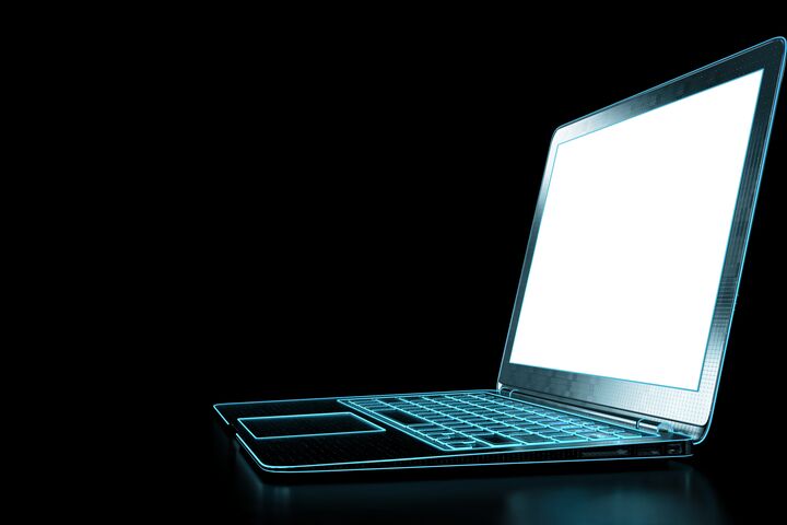 Black laptop with blue neon light on dark background. Notebook with empty blank screen. Computer technology and internet web communication concept. 3d Illustration