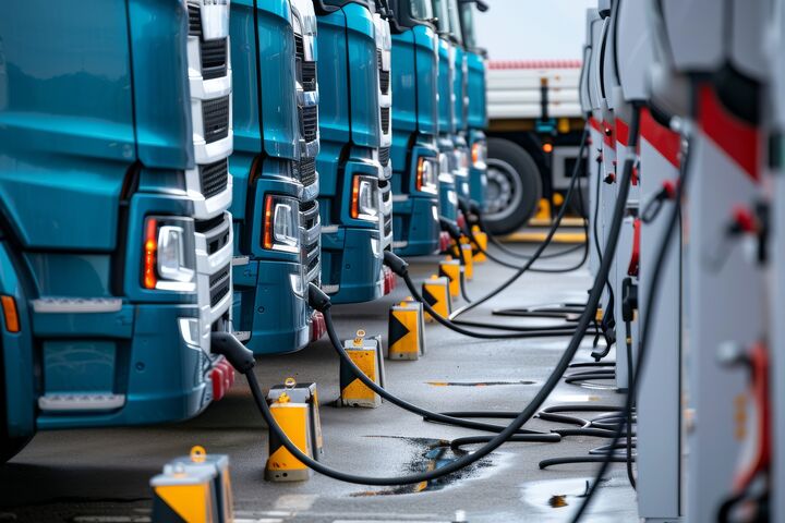 A row of electric powered ev trucks charging at an industrial outdoor facility. Ev logistic trailer truck or electric vehicle lorry at charging station