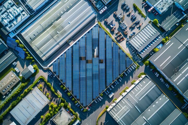 Aerial view of a solar panel-covered industrial estate, demonstrating environmental sustainability