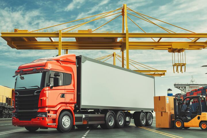 System transport and logistics of truk container cargo ship and cargo plane. 3d rendering and illustration.