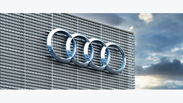 Koblenz, Germany, 2021: Audi emblem on a building in Koblenz.