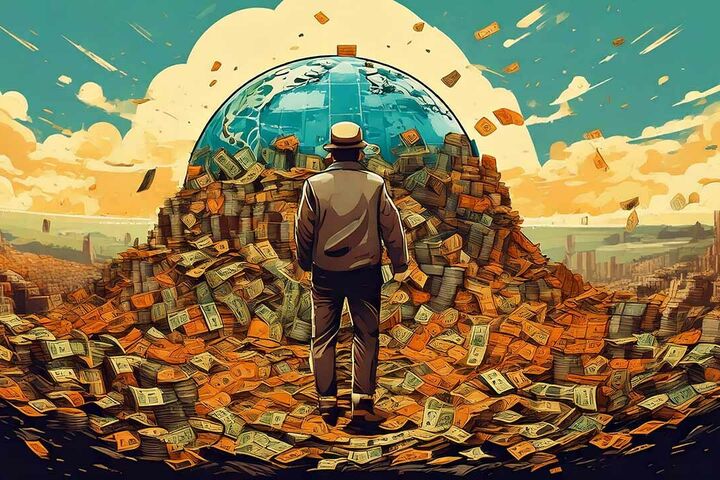 Grafik zeigt einen Mann von hinten der vor einer Welt bedeckt mit Geldsteinen steht