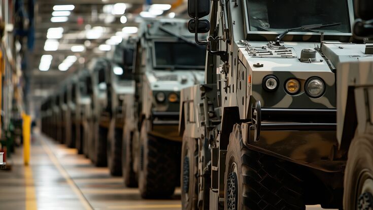 Military vehicles lined up in facto