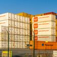 Ham Laakdal, Belgium - September 08, 2024: Sea Shipping Containers of TEMU a giant new Chinese mail order company.