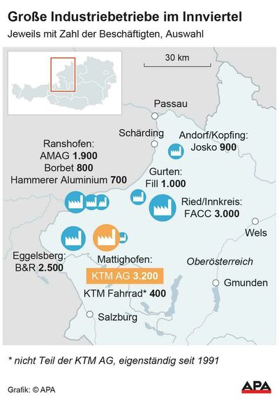 © APA KTM und andere Unternehmen, Standorte und Zahl der Besch?ftigten; Die Auslieferung der APA-Grafiken als Embed-Code ist ausschlie?lich Kunden mit einer g?ltigen Vereinbarung f?r Grafik-Pauschalierung vorbehalten. Dabei inkludiert sind automatisierte Schrift- und Farbanpassungen an die jeweilige CI. F?r weitere Informationen wenden Sie sich bitte an unser Grafik-Team unter grafik@apa.at. GRAFIK 0716-25, 88 x 126 mm