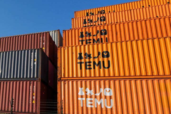 Shipping freight container of TEMU a giant new Chinese mail order company.