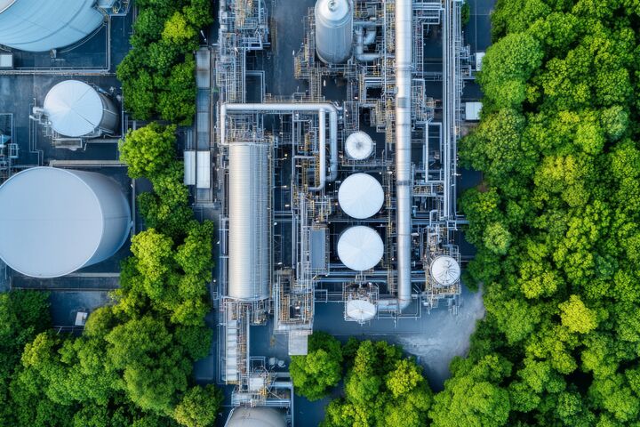 Aerial view of an industrial facility surrounded by lush green trees, showcasing blend of nature and industry. image captures intricate network of pipes and storage tanks.