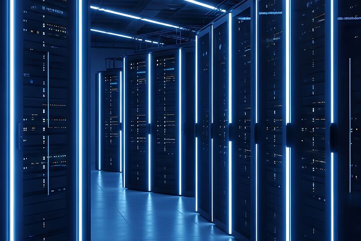 A modern server room is bathed in blue neon light, highlighting rows of server racks. This image represents cutting-edge technology, data storage, and the digital infrastructure that powers the
