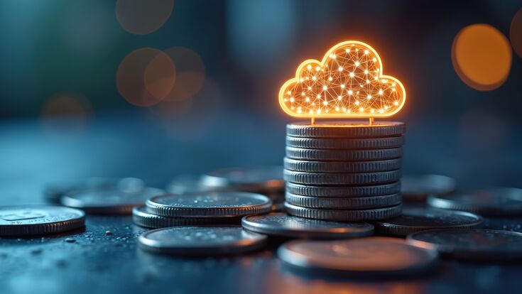 Cloud computing cost efficiency savings. Stacked coins with glowing cloud symbol. Automation performance management, resource optimization, budget. Financial technology, digital transformation data