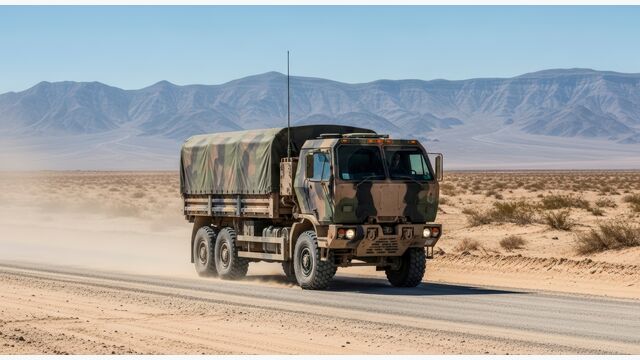 Heavy Duty Camouflage Military Truck Driving on a Dirt Road Through a Vast Desert with Mountains in the Background