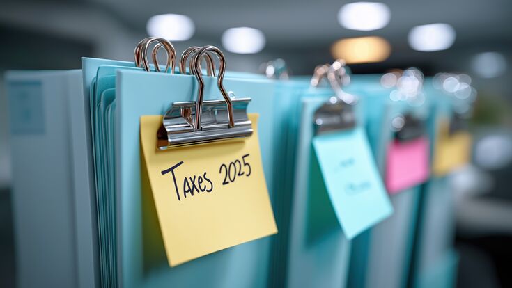 Close-up of organized office folders with tax reminder