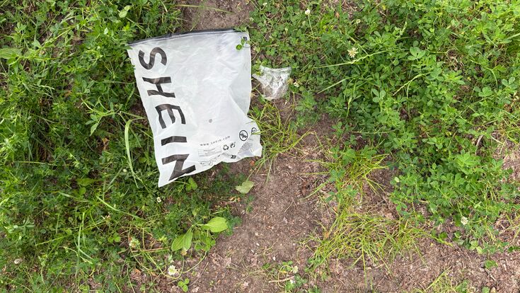 Warsaw, Poland - June 19, 2025: Discarded SHEIN bag lies on grass in a natural outdoor environment