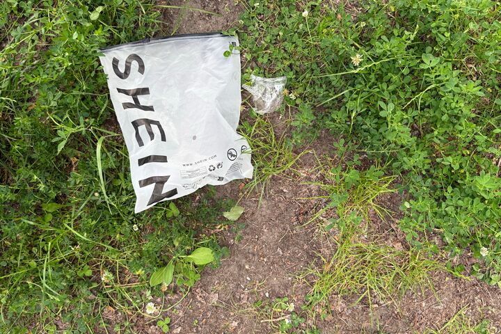 Warsaw, Poland - June 19, 2025: Discarded SHEIN bag lies on grass in a natural outdoor environment