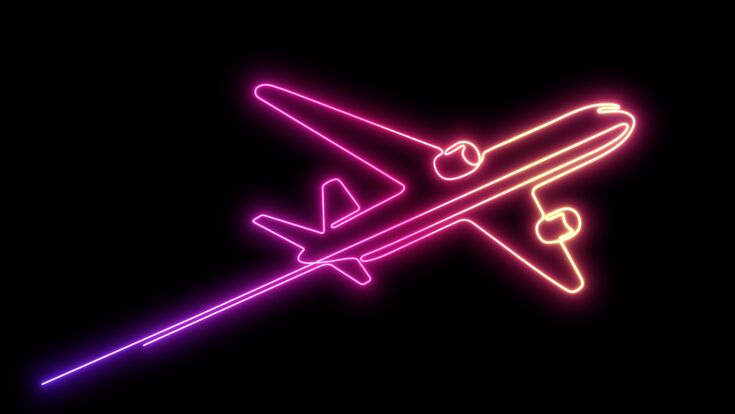 Neon flying plane.Airplane illustration .Air flights.Continuous line drawing.3D illustration.