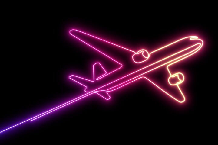 Neon flying plane.Airplane illustration .Air flights.Continuous line drawing.3D illustration.