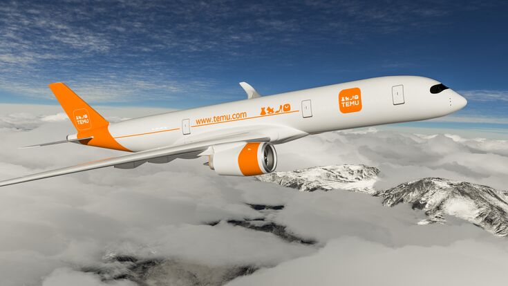 TEMU Cargo airplane with TEMU goods distributed over the world.