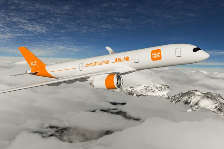 TEMU Cargo airplane with TEMU goods distributed over the world.
