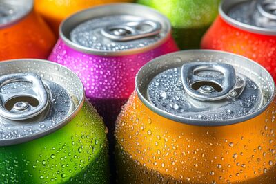 Colorful aluminum cans of soda background. Top view, macro. Recycle metal can with water drops . Beer, carbonated water, cola, energy drinks cans. Recycling concept. Closeup view of many beverage cans