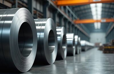 Cold rolled steel coils stainless steel sheets storage in warehouse. Metal industry manufacturing plant. Metallic rolls in warehouse. Automotive, construction metal materials. Rolls, sheets coil