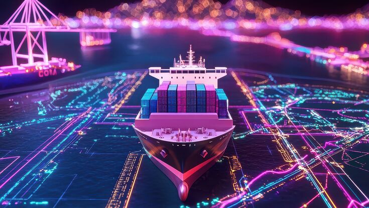 Digital Holographic Cargo Tracking System Displaying Cargo Ship and Global Shipping Routes