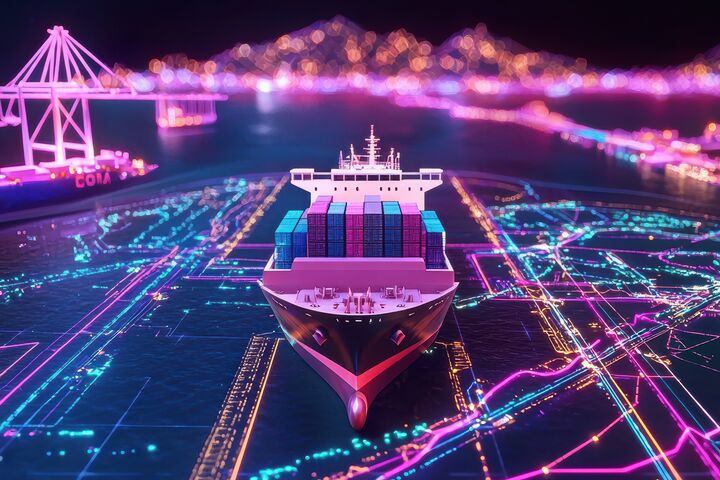 Digital Holographic Cargo Tracking System Displaying Cargo Ship and Global Shipping Routes
