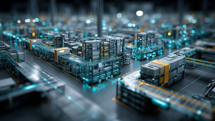 factory, warehouse, smart, digital, futuristic, technology, tech, high, industry, industrial, manufacturing, production, automation, automated, automatic, conveyor, system, robot, machine, logistics, supply, chain, distribution, center, hub, sorting, processing, storage, rack, model, miniature, isometric, aerial, view, circuit, board, chip, processor, network, grid, data, flow, information, iot, ai, virtual, twin, simulation