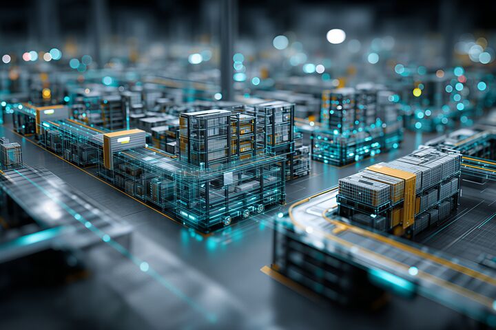 factory, warehouse, smart, digital, futuristic, technology, tech, high, industry, industrial, manufacturing, production, automation, automated, automatic, conveyor, system, robot, machine, logistics, supply, chain, distribution, center, hub, sorting, processing, storage, rack, model, miniature, isometric, aerial, view, circuit, board, chip, processor, network, grid, data, flow, information, iot, ai, virtual, twin, simulation