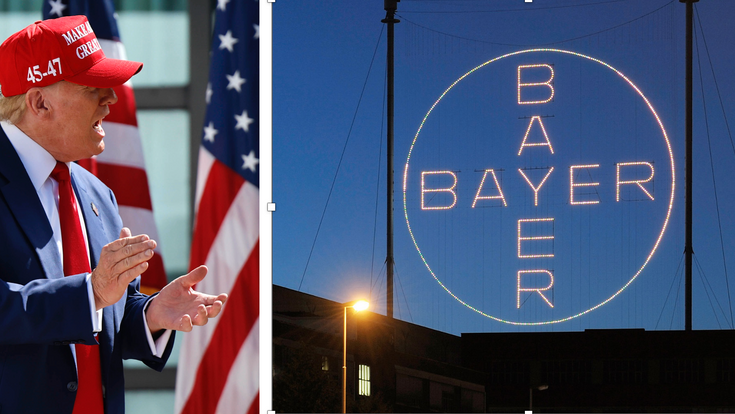 Trump mit Maga-Kappe, Bayer-Logo
