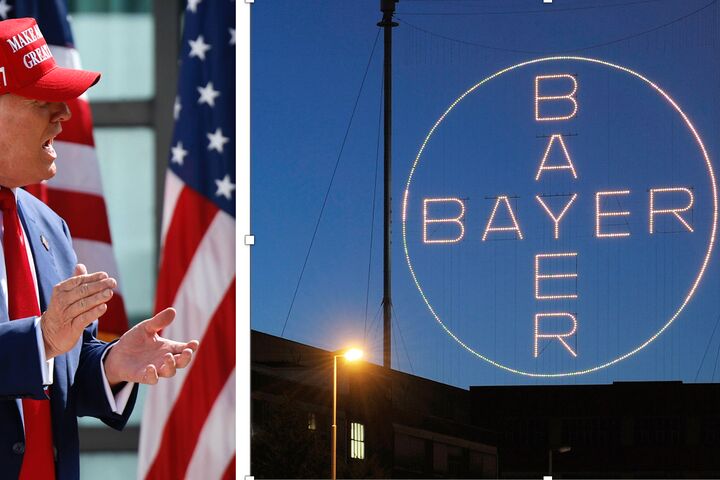 Trump mit Maga-Kappe, Bayer-Logo