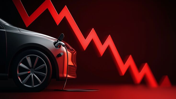 Electric vehicle with charging cable and a red downward trend line indicating a drop in ev sales.