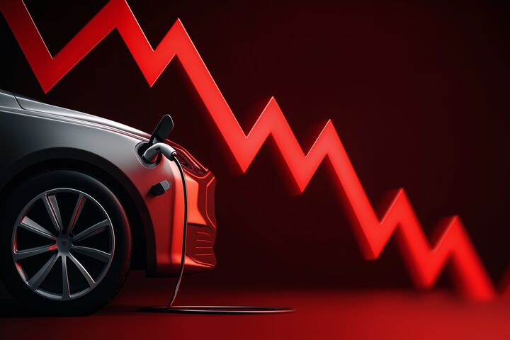 Electric vehicle with charging cable and a red downward trend line indicating a drop in ev sales.