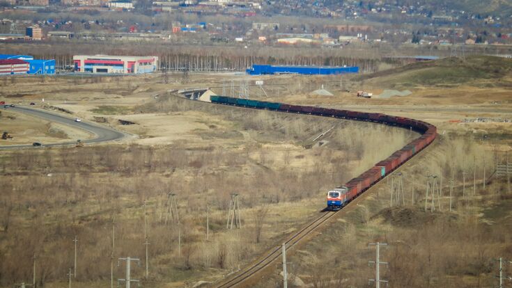 Freight train - Cargo transportation. Cargo railroad industry. Locomotive. Ust-Kamenogorsk (kazakhstan)