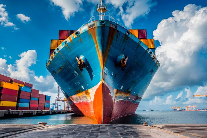 Logistics import export background of container cargo ship in international seaport. Freight transportation concept. AI generated