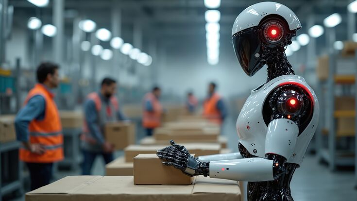 Humanoid robot processes package boxes on warehouse conveyor belt system. Modern factory automation assists human workers in industrial logistics management. Smart machine android labor boosts