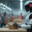 Humanoid robot processes package boxes on warehouse conveyor belt system. Modern factory automation assists human workers in industrial logistics management. Smart machine android labor boosts