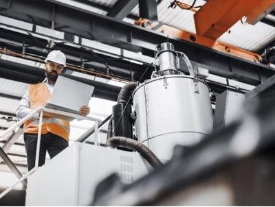 Mann mit weißem Bauhelm und Warnweste in einer Firmenhalle mit Laptop