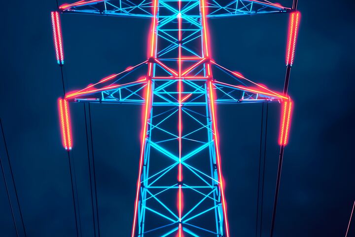 High voltage power line tower illuminated in neon colors against a dark stormy sky, showcasing modern energy infrastructure.
