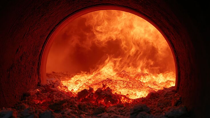 Extreme heat and fiery combustion within a industrial rotary kiln, showcasing molten material and intense flames