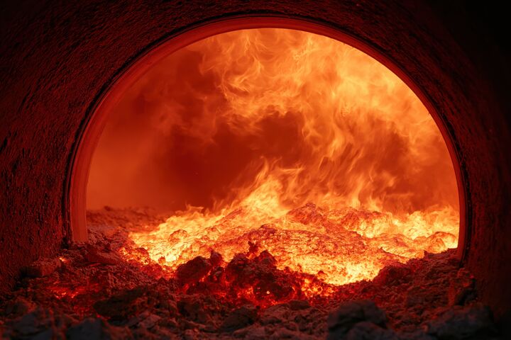 Extreme heat and fiery combustion within a industrial rotary kiln, showcasing molten material and intense flames