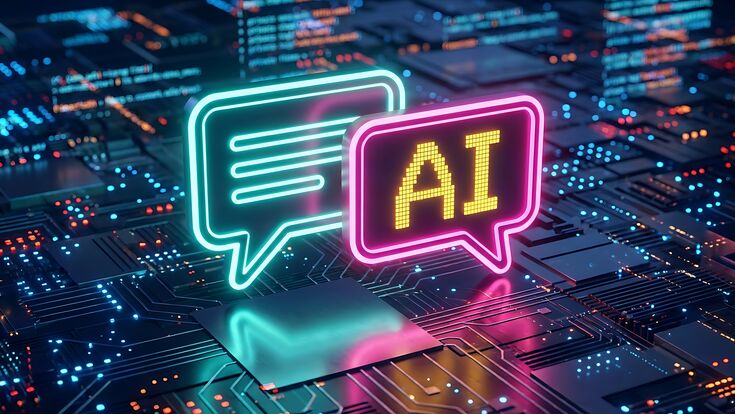 Artificial Intelligence AI Chatbot Icon on Digital Circuit Board for Machine Learning Tech Concept