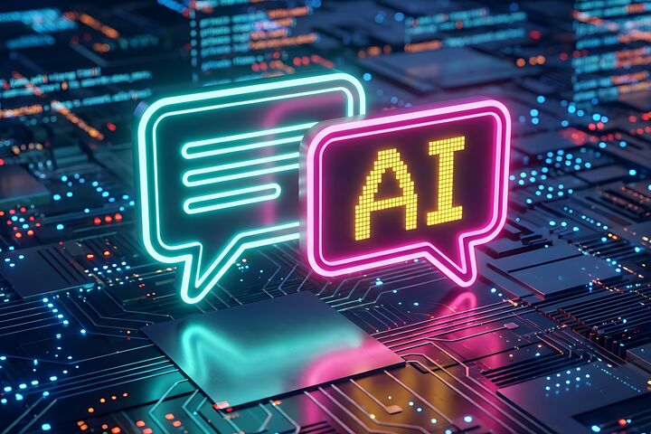 Artificial Intelligence AI Chatbot Icon on Digital Circuit Board for Machine Learning Tech Concept