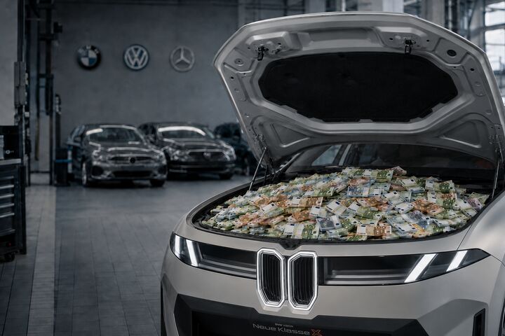 Ein grauer BMW steht in einer Werkstatt mit geöffneter Motorhaube, darunter liegen viele Euro-Scheine. Im Hintergrund sind unscharf die Logos von BMW, Volkswagen und Mercedes zu sehen.