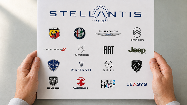 Hände halten eine Übersicht mit allen Stellantis Marken