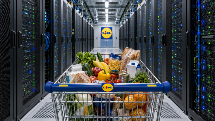Ein Supermarktgang, in dem die Regale nicht mit Lebensmitteln, sondern vollständig mit Servern bestückt sind – und ein einzelner Einkaufswagen fährt durch den Gang.
