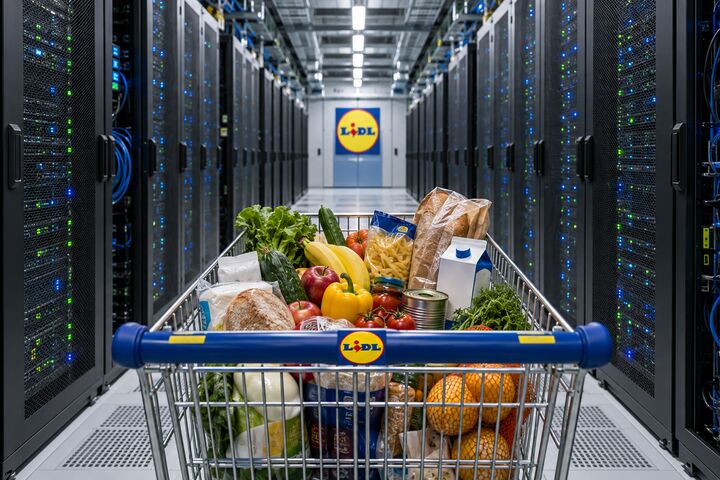 Ein Supermarktgang, in dem die Regale nicht mit Lebensmitteln, sondern vollständig mit Servern bestückt sind – und ein einzelner Einkaufswagen fährt durch den Gang.