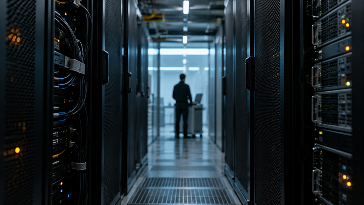 Person verschwommen in einem Serverraum, dunkel und technisch
