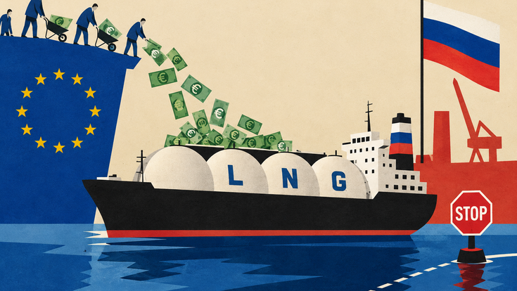 LNG Tanker aus Russland vor der EU-Küste und Euro-Scheine die ins Boot fallen (Collage)
