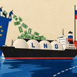 LNG Tanker aus Russland vor der EU-Küste und Euro-Scheine die ins Boot fallen (Collage)